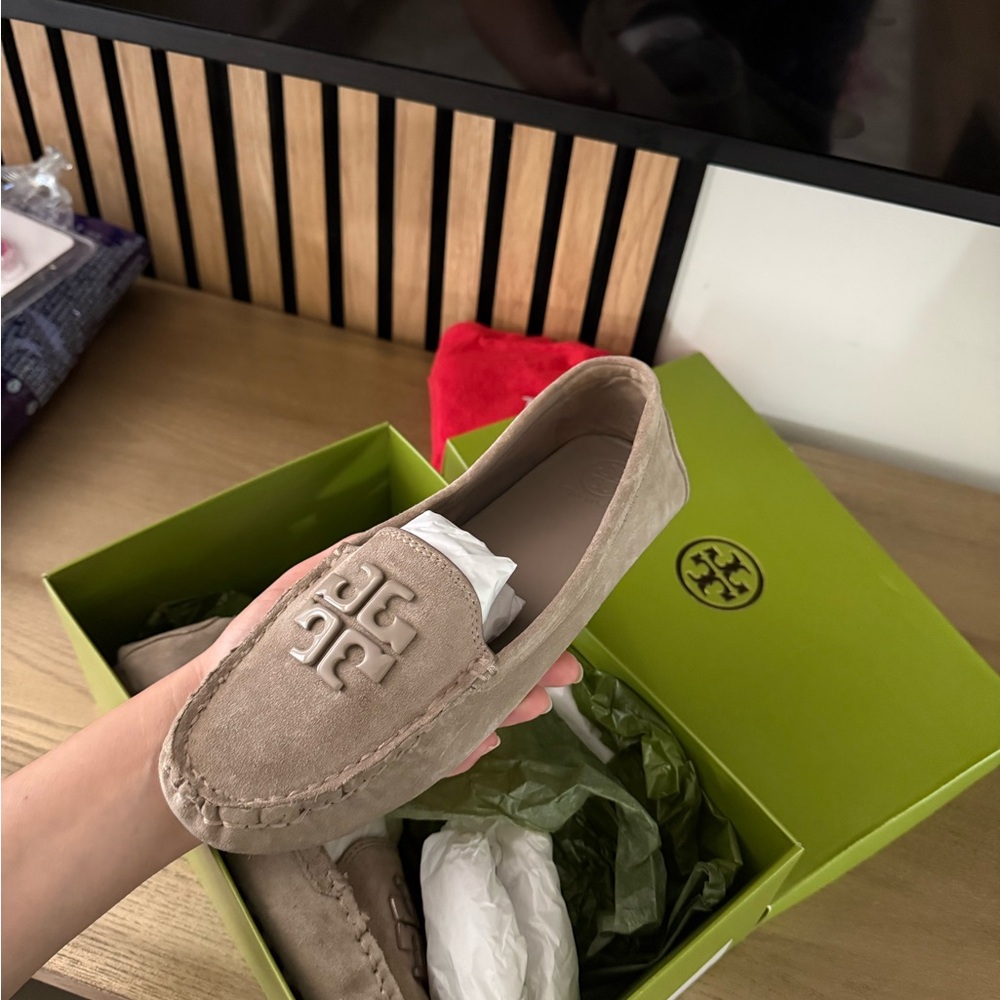 Tory Burch Kids Taupe Suede Logo Moccasins - Picture 2 of 4
